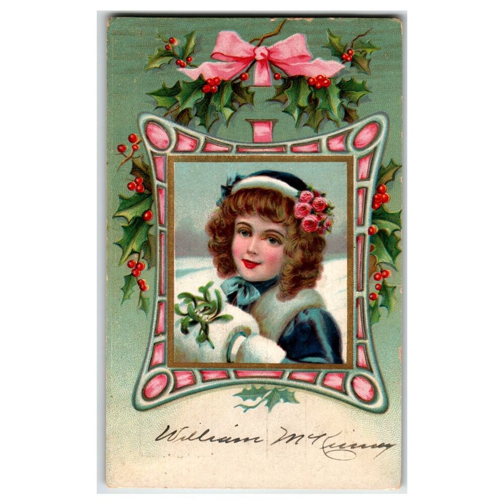 Vintage 1908 Christmas Postcard Young Girl Holly & Roses Turner Oregon Postmark